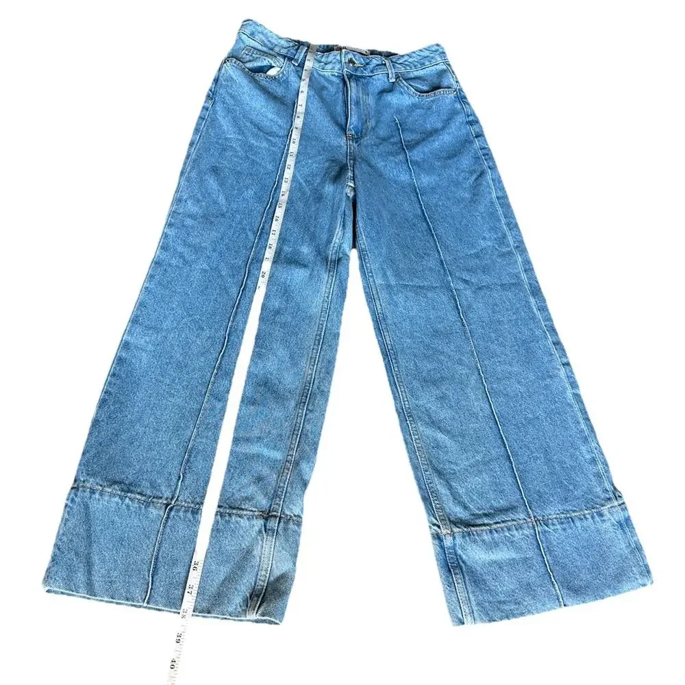 Zara Logo High-Waisted Cropped Wide Leg Jean Sz 6 Blue For Womens Cotton 100% - Picture 8 of 16